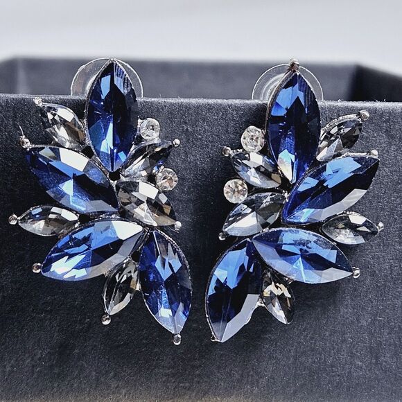 Retro Fancy Rhinestone Stud Earrings Woman's Drops Crystal Blue Clusters Dangle - Picture 2 of 8